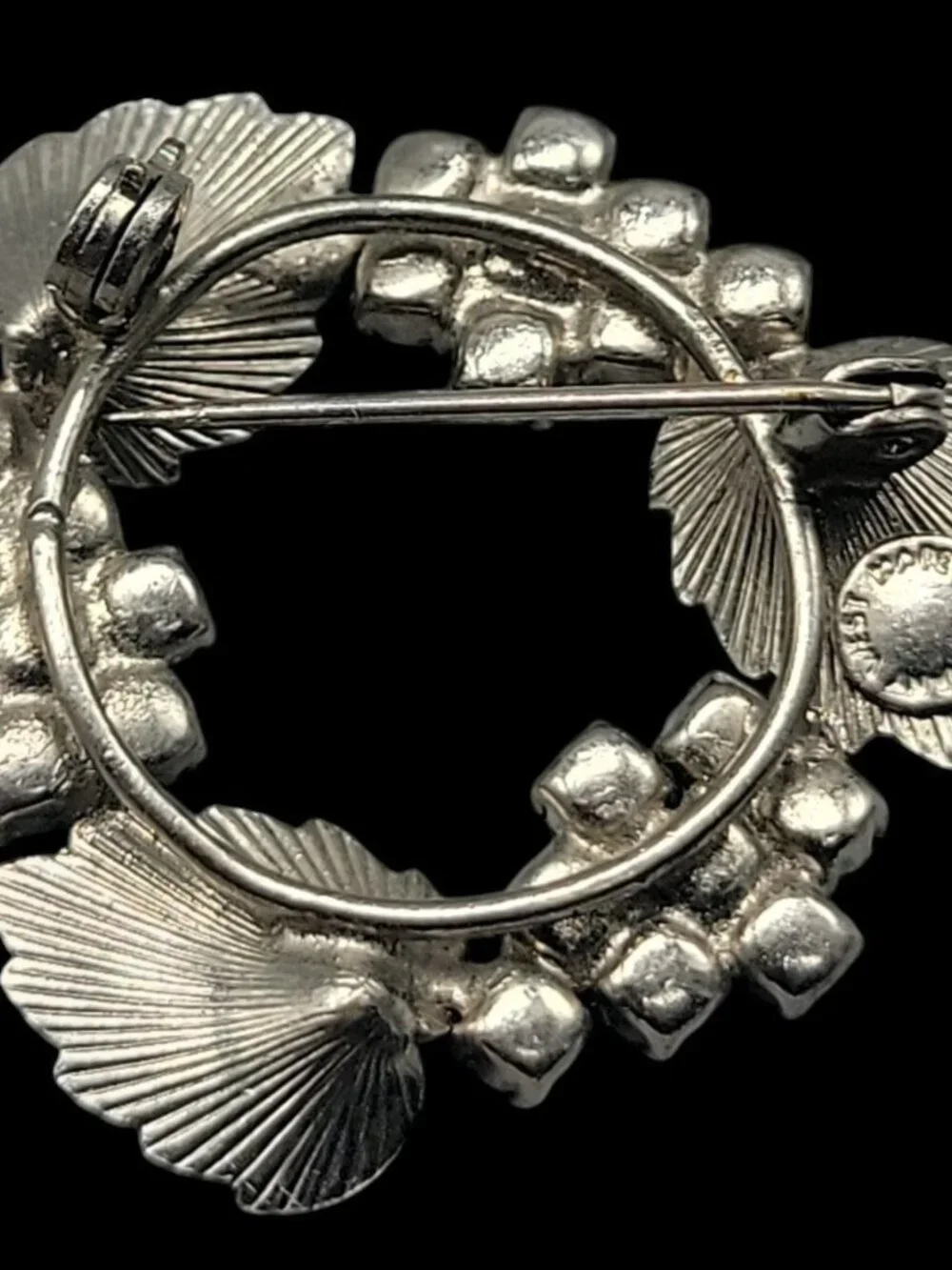 West Germany AB Rhinestone Leaf Brooch Textured Silver Tone Pin Vintage